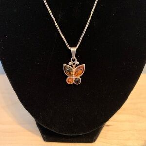 Sterling Silver Necklace Amber Butterfly Pendant Stamped 925 ENP Vintage.